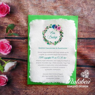 Egylapos zöld esküvői meghívó merített papíron